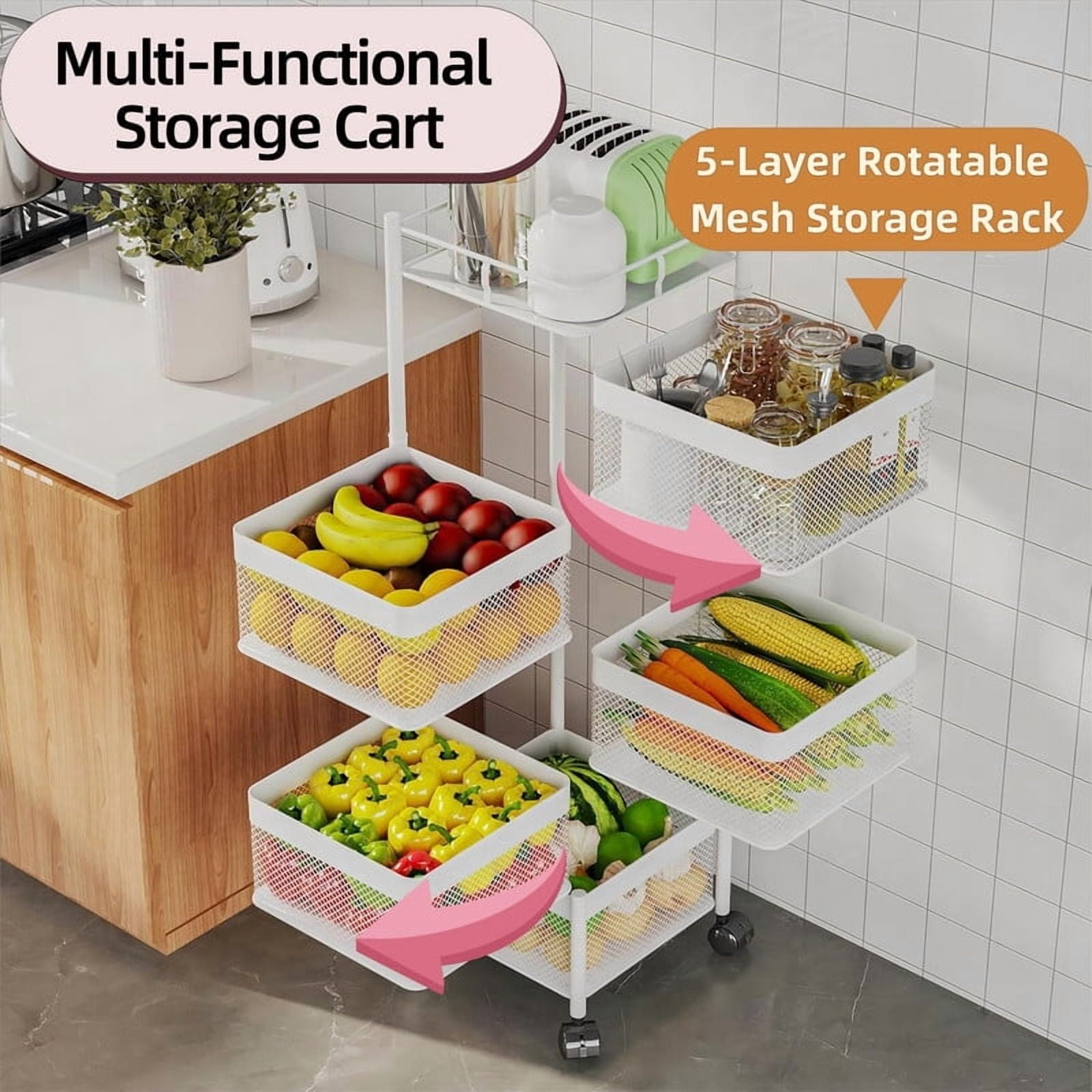 Howcool 5-Layer Metal Rolling Cart with Wheels, Kitchen Vegetable Storage Rack with Rotating Mesh Baskets