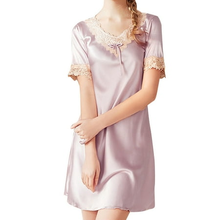 Akiihool Nightgowns For Women Women Lingerie Satin Nightgown Silk Chemise Mini Slips V Neck Negligee Sleepwear with Adjustable Straps (Purple XL)