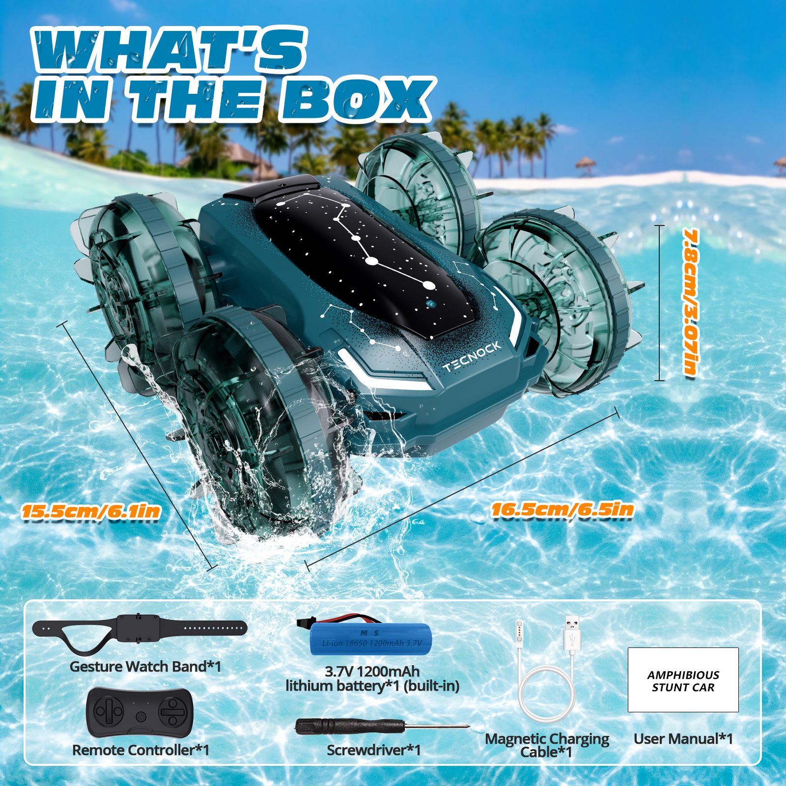 Tecnock Amphibious Remote Control Car Boat, 4WD Gesture RC Cars with Magnetic Charging, 60 Min Playtime, LED Lights, Pool Toys for Kids Ages 6-12, Gift Toys for Boys Girls