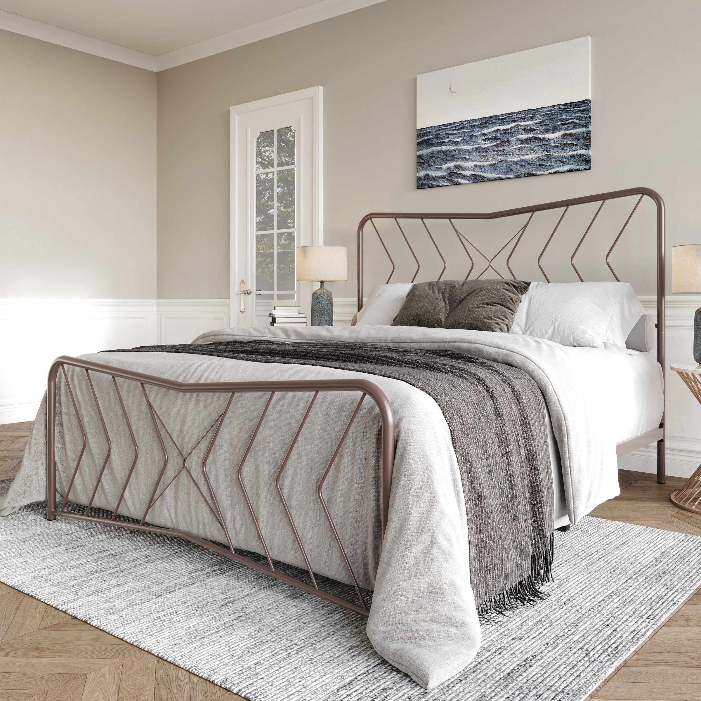 Home Design Rosette Queen Metal Bed – Pink, Durable Queen Bed