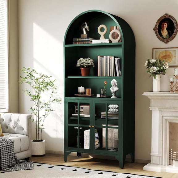 74" Tall Arched Bookcase with Doors, 5-Tier Green Arch Bookshelf with Storage & Adjustable Shelves, Metal Arched Storage Display Cabinet for Pantry Kitchen Home Office - Style 2