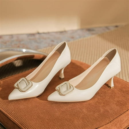 Beige Square Buckle Professional Commuter High Heels Female Pointed Single Shoes 6cm (Color : D  Size : 36)