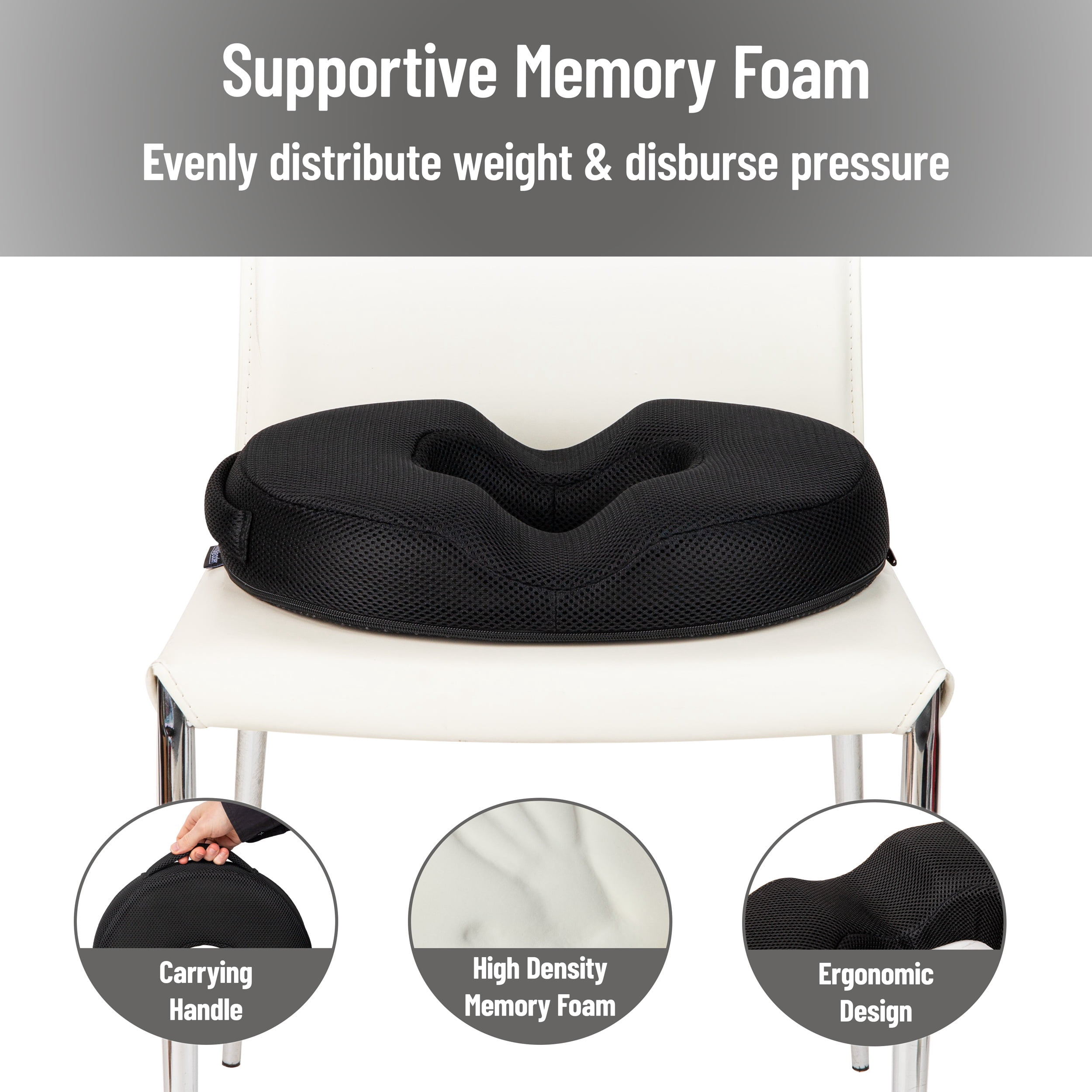 Mind Reader Donut Pillow Seat Cushion with Air-Cloud Technology, Tailbone, Hemorrhoid, Pregnancy Relief, Black