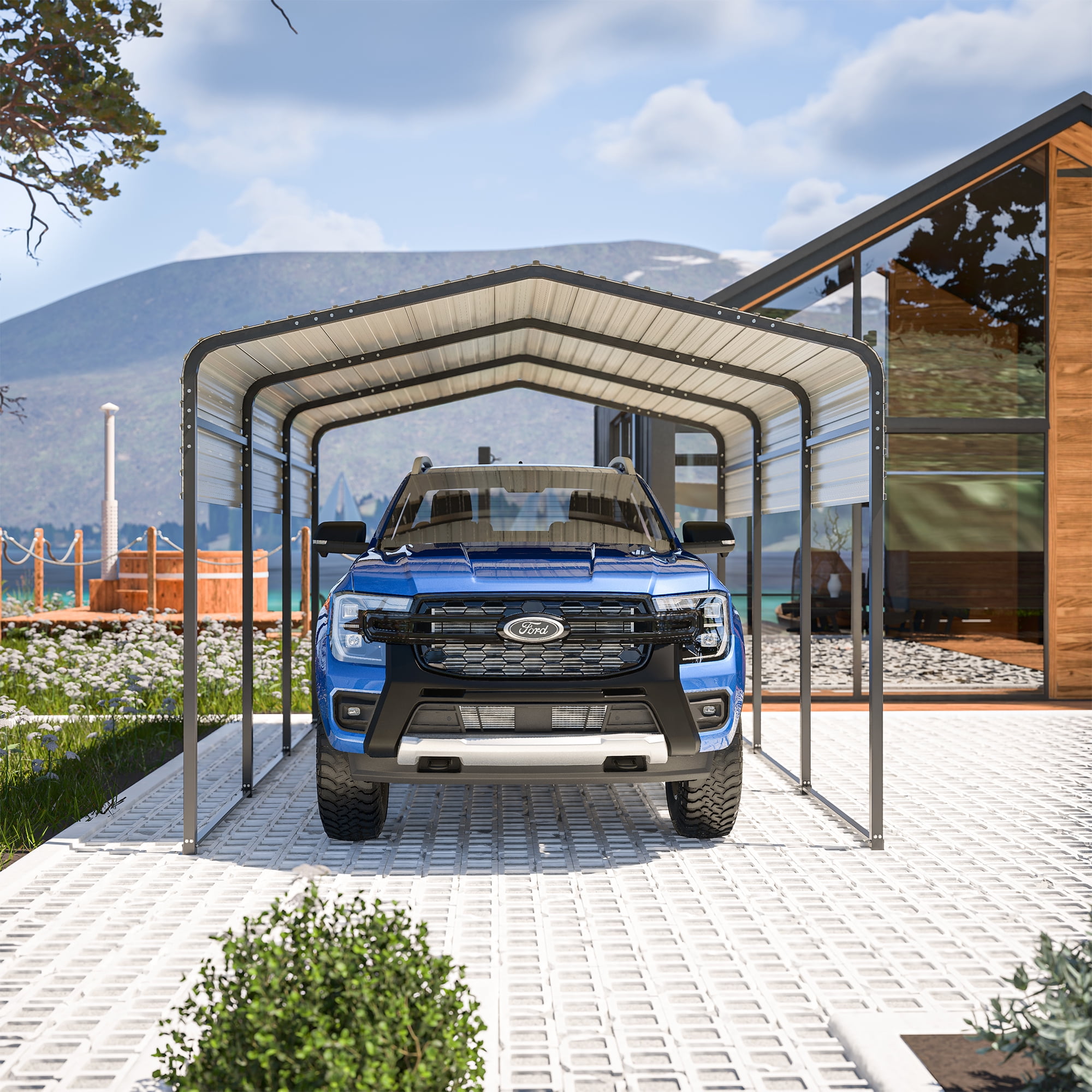 LZBEITEM 10x15 FT Metal Carport Kits, Heavy Duty Canopy with Galvanized Steel Roof, Outdoor Car Tent Garage Shelter Shade for Cars, Boats, and Tractors
