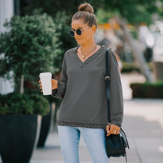 V Neck Leopard Trim Detail Frayed Edge Oversized Sweater for Women