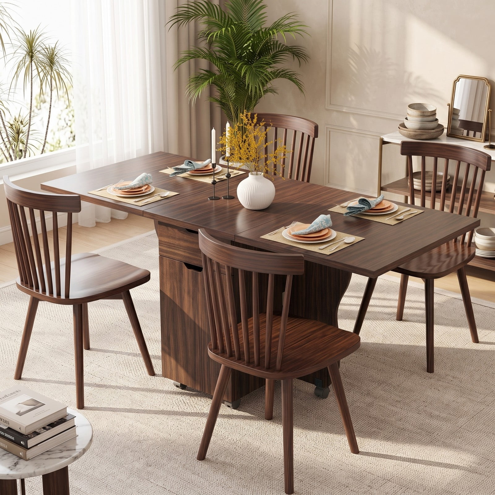Furnibear 3-in-1 Folding Dining Table, Space-Saving Drop Leaf Kitchen Table with Storage Drawers, Cabinet & 6 Lockable Wheels for Small Spaces, Walnut
