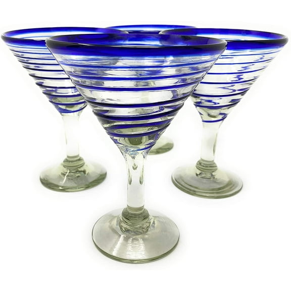Dos Sueños Mexican Blown Glass – 4 Hand Blown Margarita Glasses Blue Spiral (12 oz)