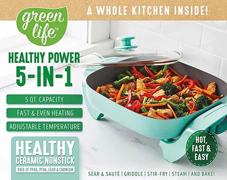 GreenLife Cook Duo Healthy Ceramic 6QT Slow Cooker, Digital Timer Parts,  Black & Healthy Ceramic, 12%22 5QT Square Electric Skillet with Glass Lid