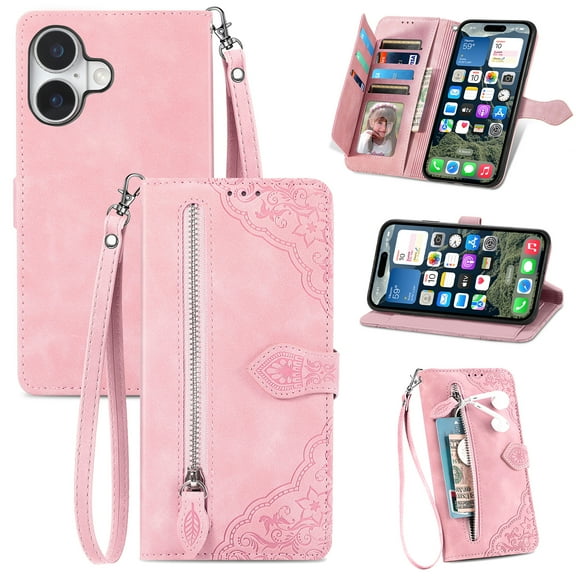Phone Case for iPhone 16 Plus, Shockproof PU Leather Wallet Case with Card Slots Anti-Scratch Stand Magnetic Flip Zipper Pocket Cover for iPhone 16 Plus, Pink