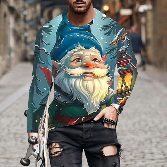 Blusas y camisas de manga larga con cuello redondo para hombre, moda navideña, informal, estampado, cuello redondo, manga larga, blusa estampada para hombre, blusa de poliéster