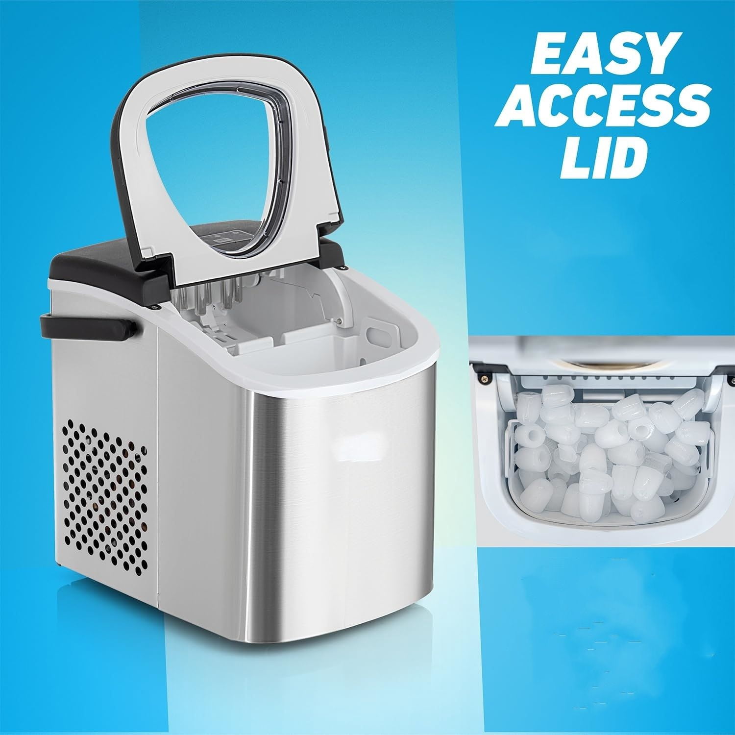 Compact Countertop Ice Maker, 26LBs in 24HRs, 9 Bullet Ice Cubes Ready in 6 Minutes, Lightweight and Portable with Handle, Ice Basket, and Ice Scoop, Stainless Steel