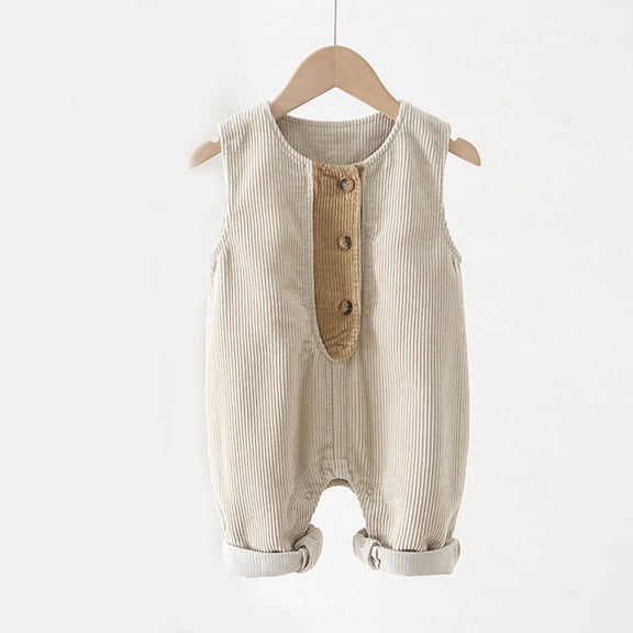 Toddler Baby Boys Girls Corduroy Jumpsuits Solid Color Floral Print Button Down Sleeveless Jumpsuits Long Romper Pants with Pockets Beige 3-4 Years