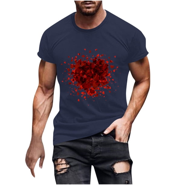 Camisetas de Manga Larga para Hombres, Camiseta de Manga Corta de Fitness de Impresión Del Día de San Valentín, Mezcla de Algodón Casual