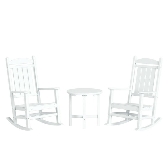 WestinTrends Malibu Classic 3 Piece Outdoor Rocking Chairs Set, All Weather Poly Lumber Adirondack Rocker Bistro Set Patio Deck Porch Chairs Set of 2 with Side Table, White
