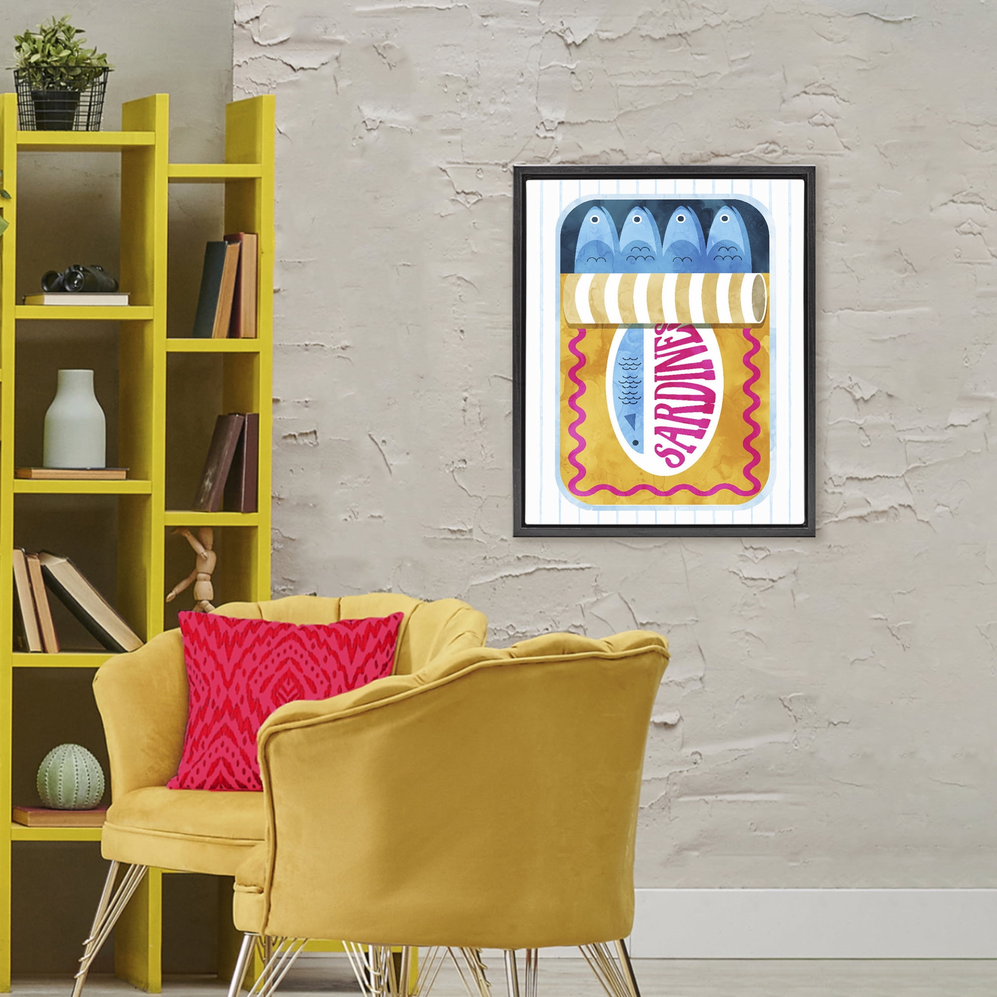 Yellow Sardine Tin over Stripes Black Framed Floater Canvas Wall Art, design by Daphne Polselli