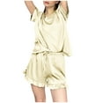 thumbnail image 2 of Sakmal Casual Pajamas Sets for Women Shorts Pant Short Sleeve Beige Solid Ruffle Satin Sleepwear for Ladies, 2 of 7