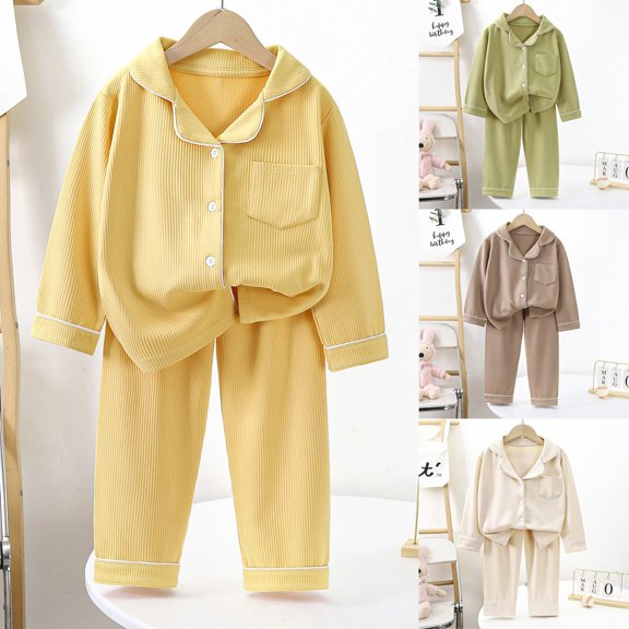 Faraee Kids Girls Boys Cotton Pajamas Set Long Sleeve Button Down Pjs Sleepwear Loungewear 2 Piece Outfit 12 18 24 Months 2t 3t 4t 5t 1-13 Years Brown