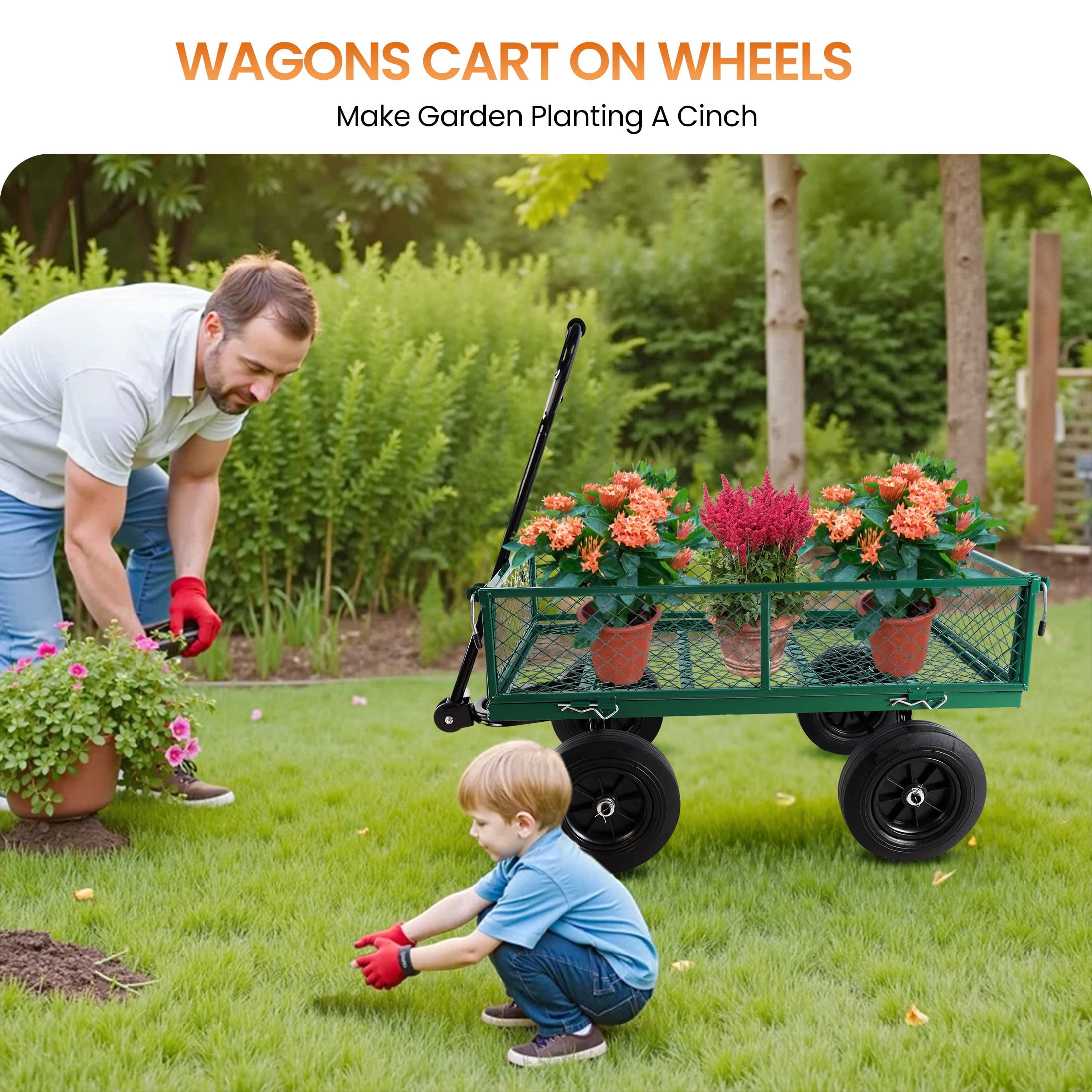 Aukfa Mesh Steel Wagon Cart with Removable Sides, Garden Cart Heavy Duty Utility Wagon with Rotating Handle/10'' Tires for Garden Yard, Green