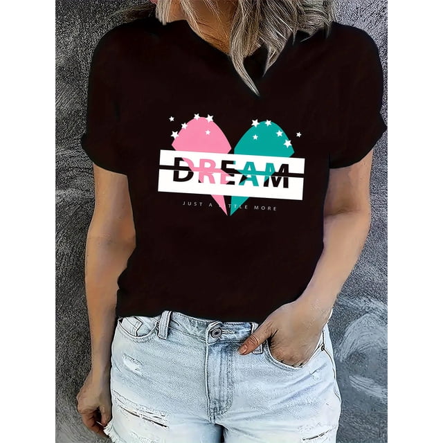 Camiseta de moda con estampado de corazón de ensueño para mujer, informal, de cuello redondo y manga corta, cómoda camiseta de mezcla de algodón con estampado geométrico, para todas las estaciones, id
