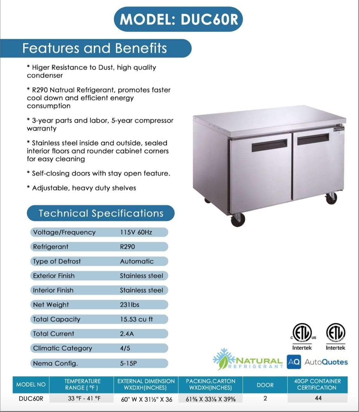 Dukers DUC60F 60 cu ft 2-Door Stainless Steel Commercial Freezer