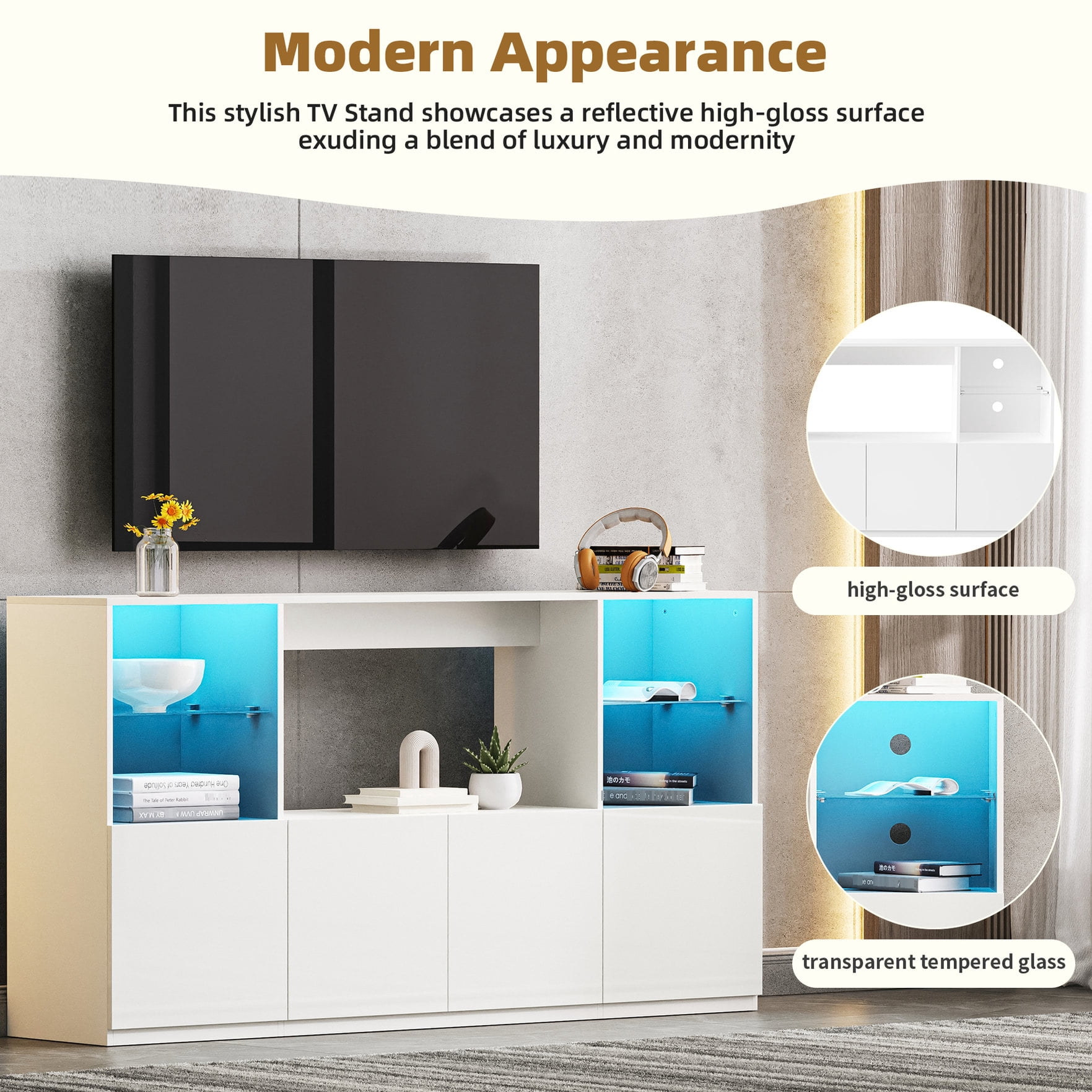 Stylish TV Stand with Shimmering LED Lights, Cable Organization - For TVs up to 75