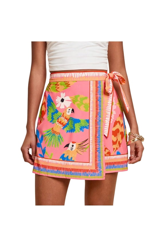 Wrongduck Floral High Waist Wrap Skirt for Women Asymmetrical Mini Skirt Tie Side Summer Beachwear Vacation Travel Casual Fashion