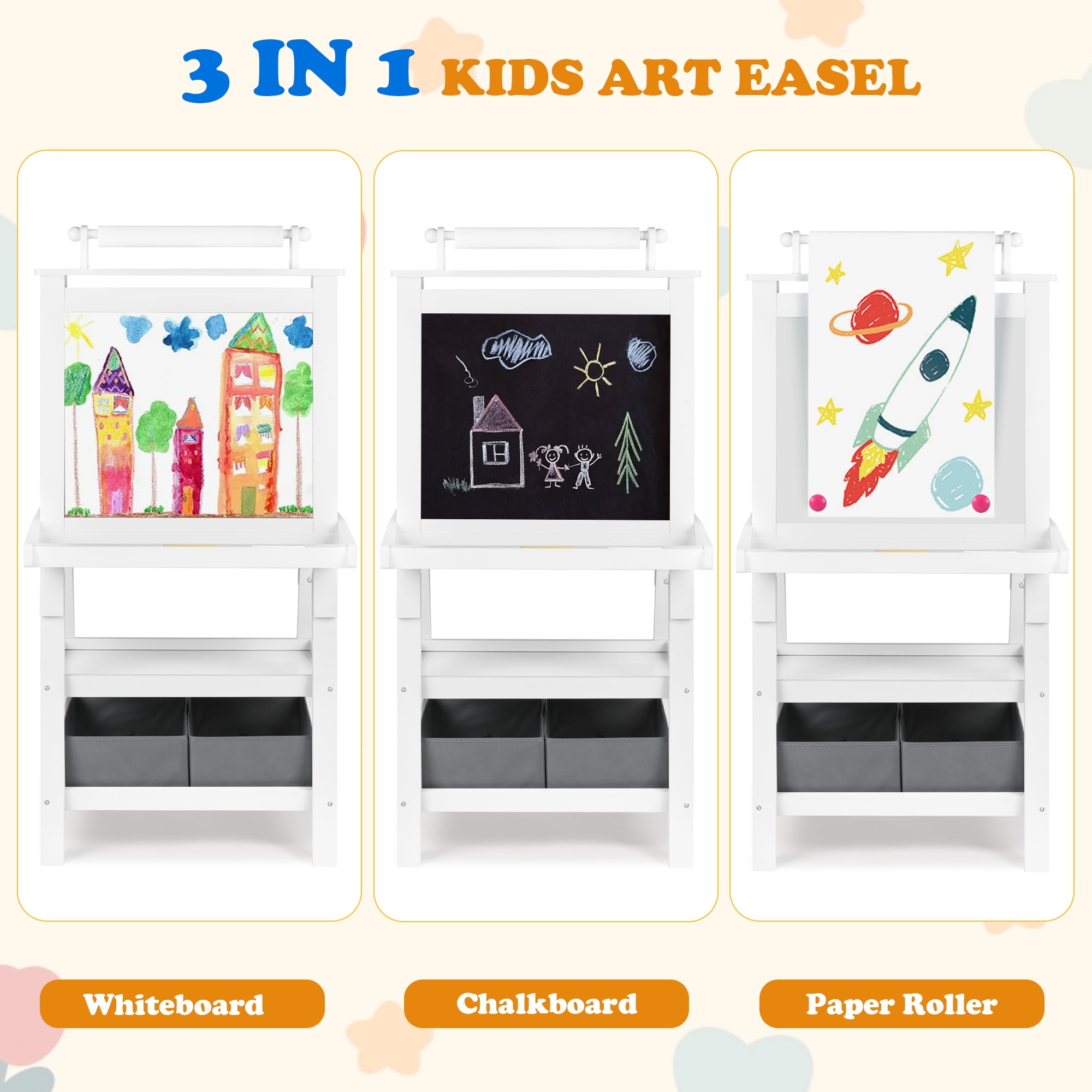 AILEEKISS 3 in 1 Kids Art Easel Double-Sided Magnetic Whiteboard Chalkboard with Paper Roller, White