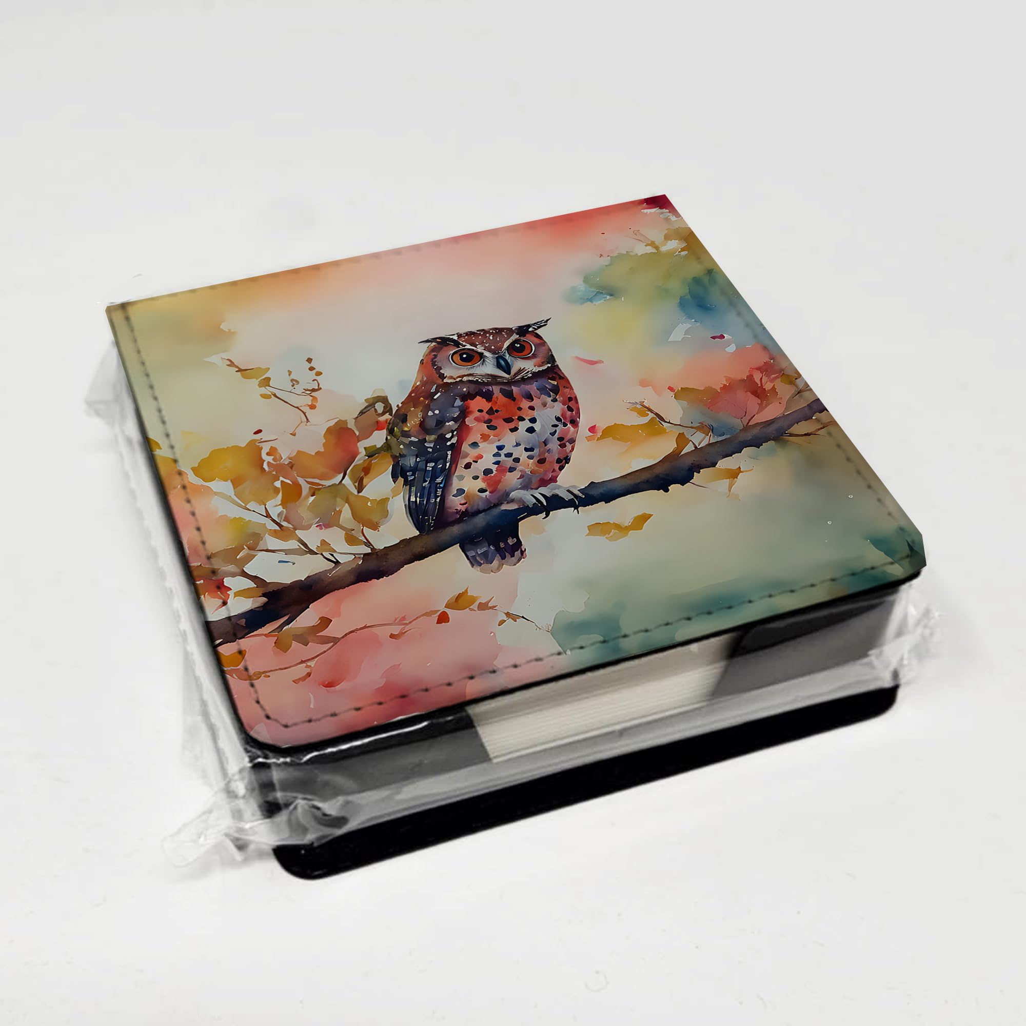 Caroline's Treasures Elf Owl PU Leather Note Paper Holder with Artist-Designed Cover, Desk Accessory, Office Gift