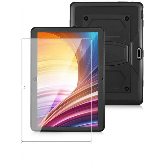 SOATUTO for Dragon Touch Max 10 Plus Case with Screen Protector T empered Glass Film Hybrid Built Stand for ANTEMPER、Meize K105、Flying TECH、Victbing、FEONAL、Wecool、HOOZO 10 inch Tablet-Black 1 Pcs