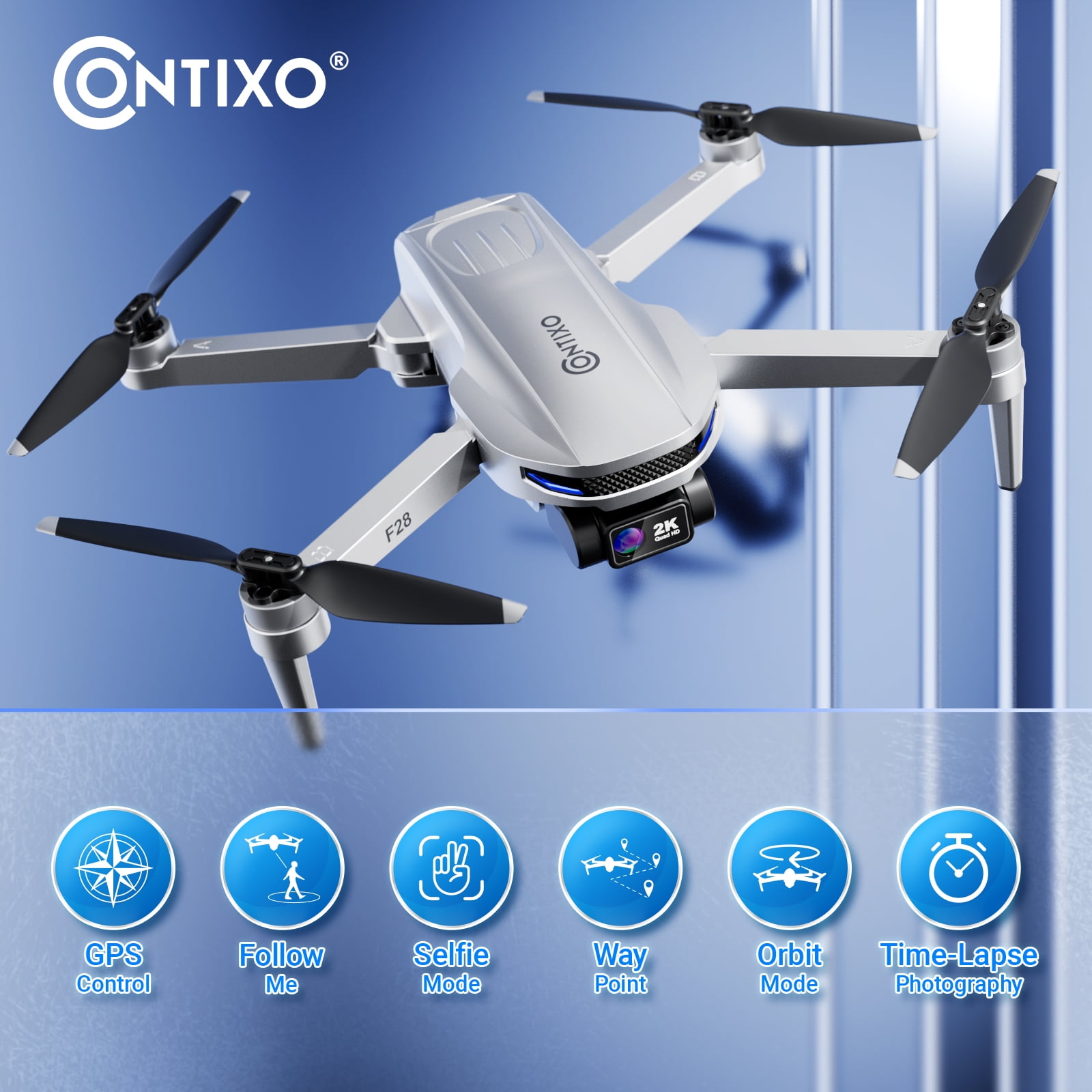 Contixo F28 GPS Drones for Adults with Camera, Foldable RC Drone with 2K Full HD Camera and 26-Min Flight, Gray