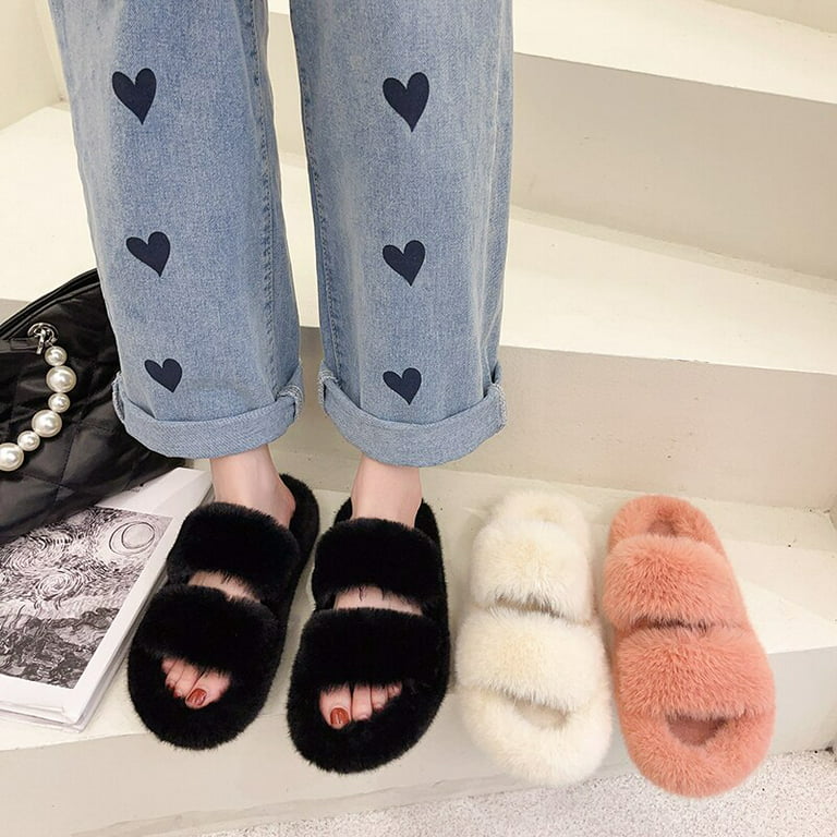 PIKADINGNIS Luxury Winter House Women Fur Slippers Fuzzy Cross Band Open  Toe Girls Shoes Non-slip Indoor Bedroom Ladies Fluffy Slippers