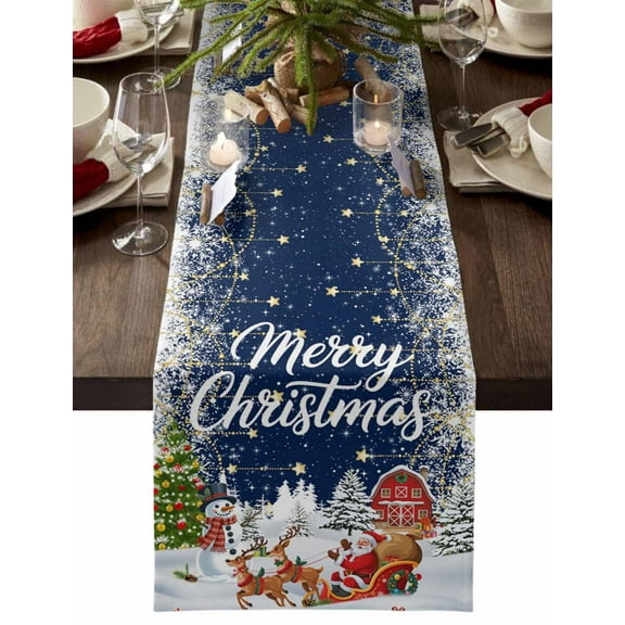 Navy Blue Christmas Dresser Scarf Farmhouse, Dining Table Decorations for Wedding/Parties, Santa Snowman Snowflake Elk Xmas Tree Table Runner 120 Inches Long for Kitchen Dining, 13 x 120 In