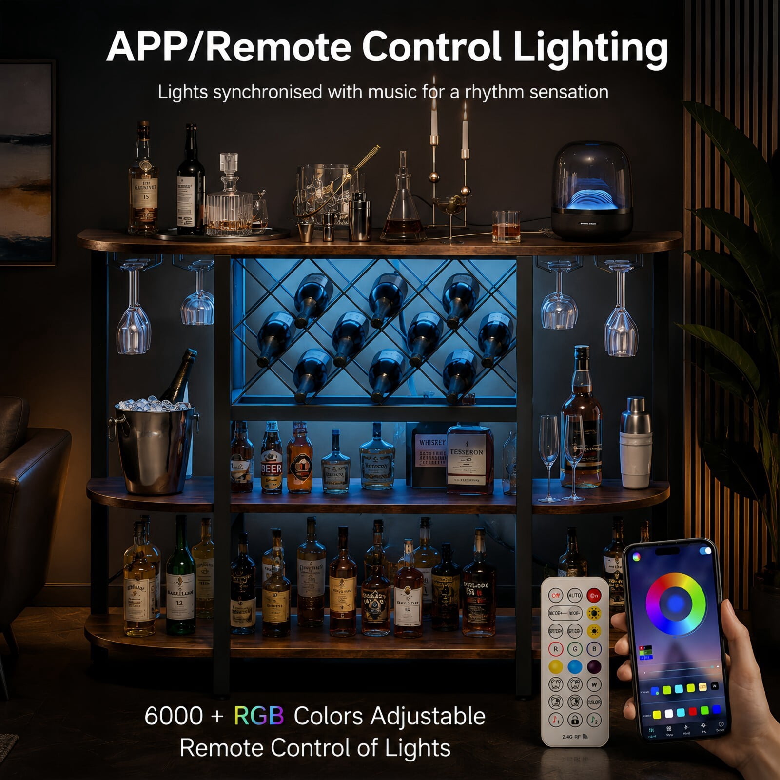 Kelno 47" Home Bar Cabinet with Power Outlet RGB LED Lights 4-Tier Liquor Cabinet with Wine Rack Glass Holder, Rust