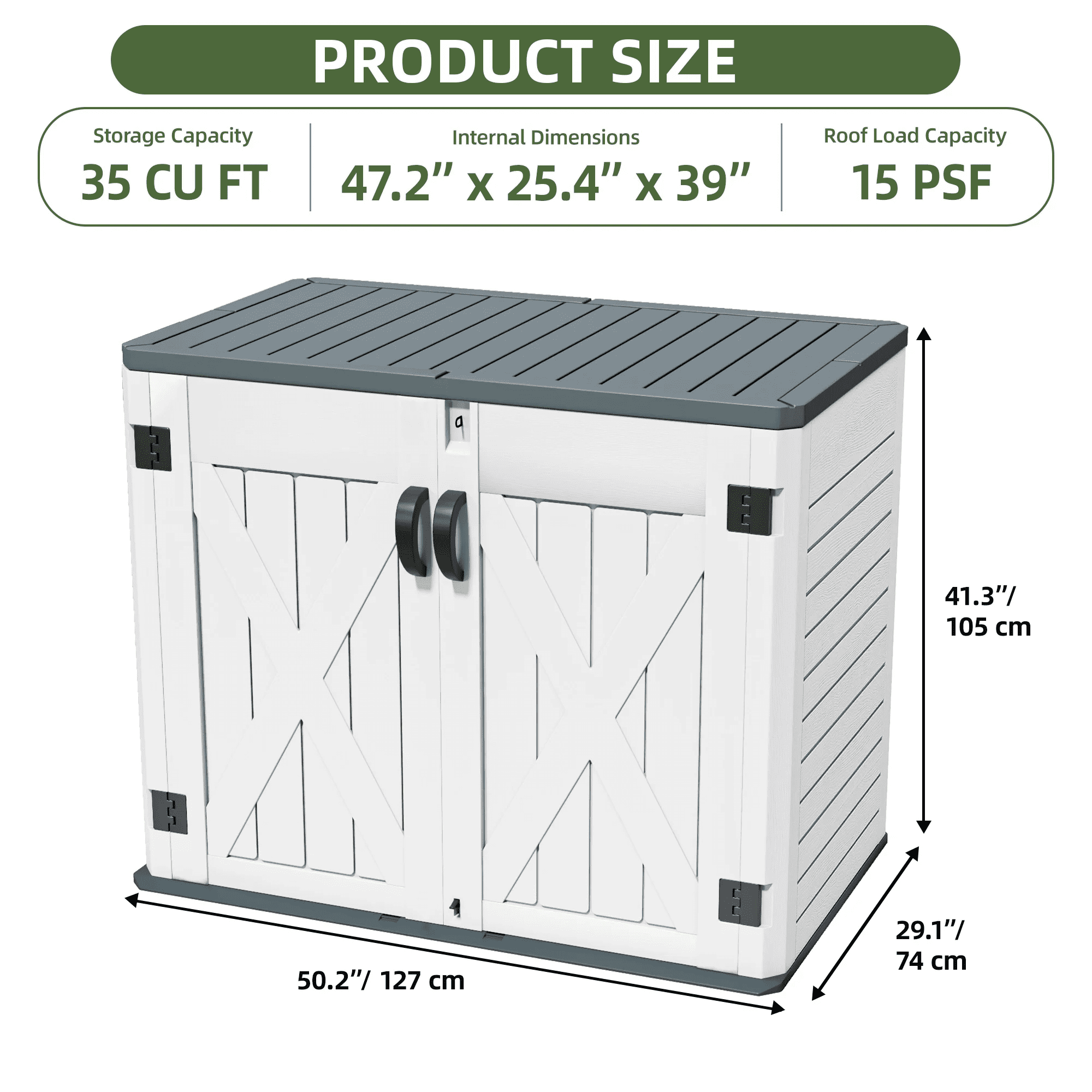 Uforic Outdoor Horizontal Storage Shed with X-Shaped Lockable Door, 35 Cu Ft Weather Resistant Resin Tool Shed, Light Gray