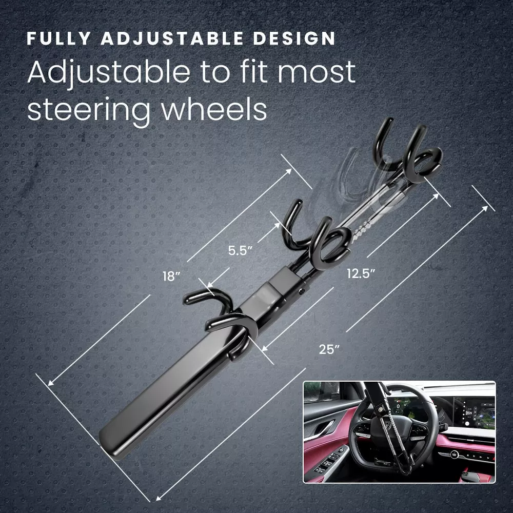 HOM Steering Wheel Lock - Anti-Theft Device for Car Steering Wheel - Retractable Steering Wheel Lock for Cars - Fits Most Vehicles