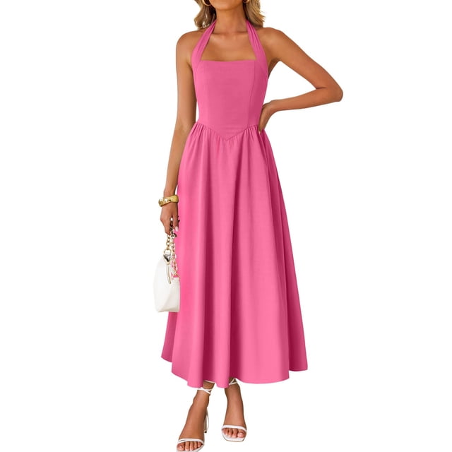 Vestido ZESICA Summer Halter Midi Hotpink sin mangas para mujer