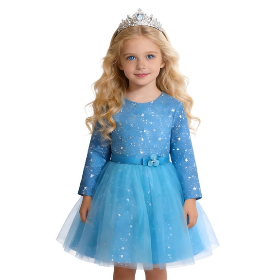 Rhuody Spring Dresses For Girls Long Sleeve Party Dress With Star Sequins And Mesh Skirt Round Neck Formal Outfit Relax Fit Wear Blue 3-4 Years