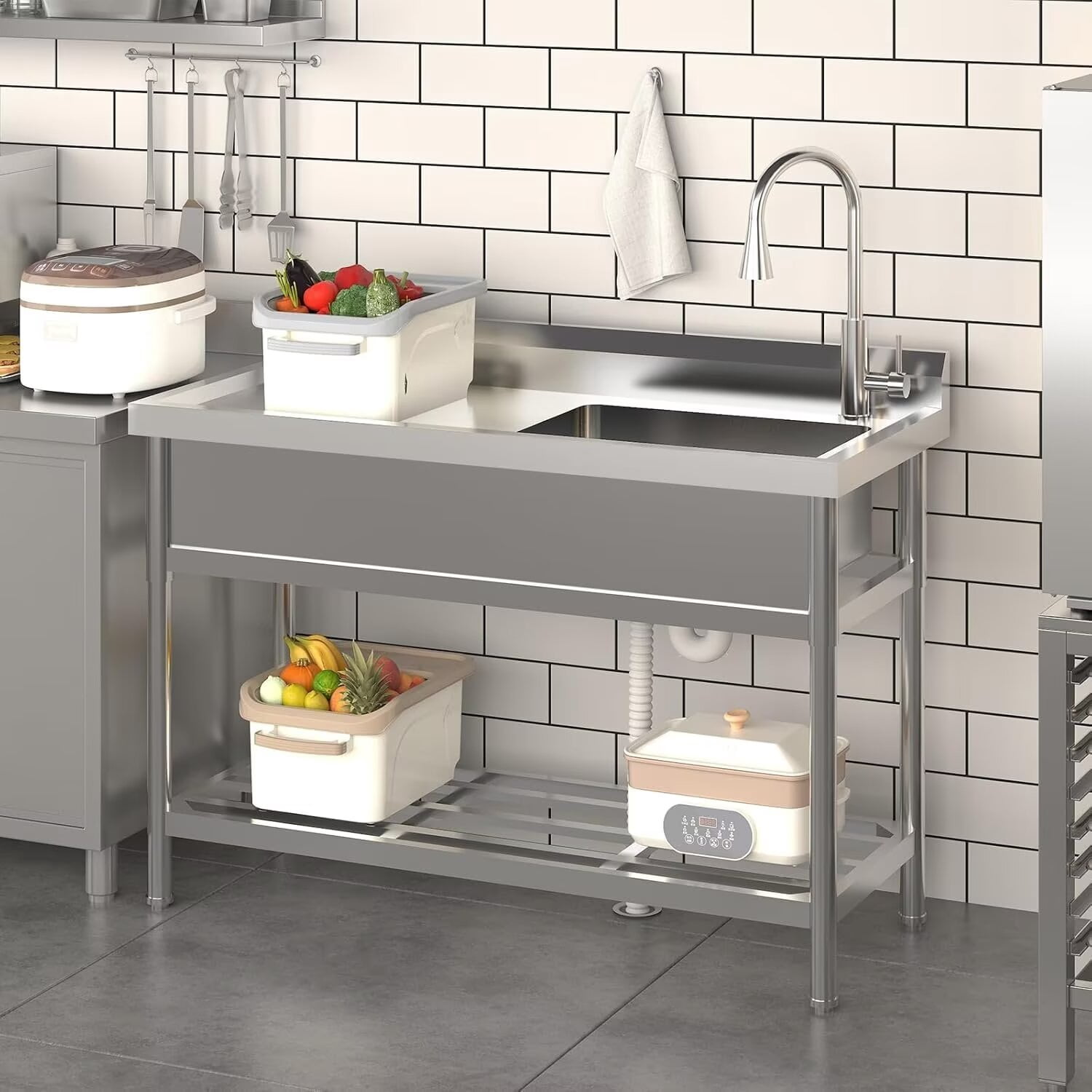 BENESKY 47 inch Stainless Steel Utility Sink, Commercial Kitchen Single Bowl Sink with Cold and Hot Water Faucet, Hoses and Drain Kit, Stainless Utility Sink for Kitchens, Bathrooms