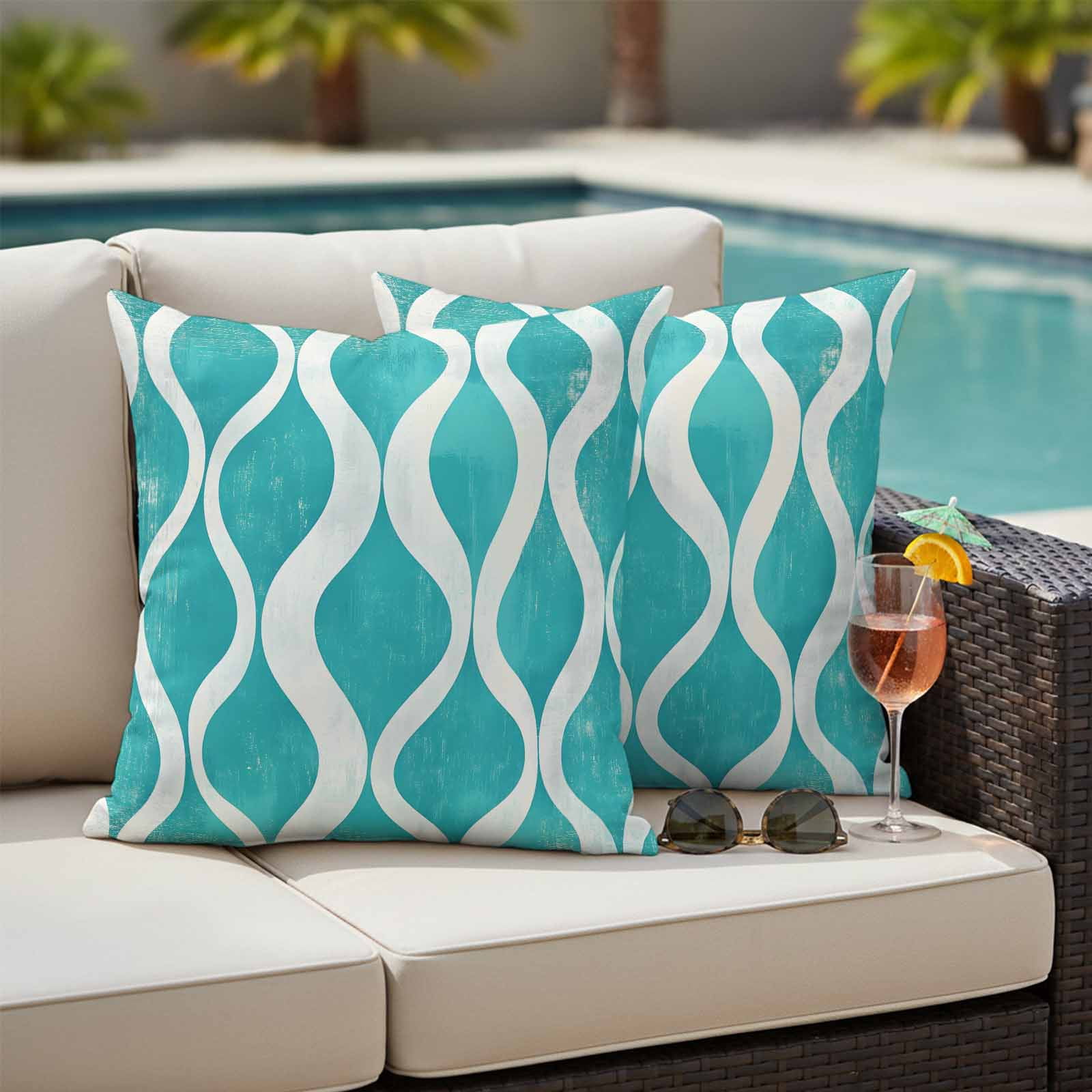 Pack of 2 Outdoor Pillow Covers,Waterproof Teal Wave Throw Pillow Covers,Modern Abstract Art Farmhouse Decorative Pillowcases Cushion Covers for Patio Garden Couch Pillow Sham Protector 20x20 Inch