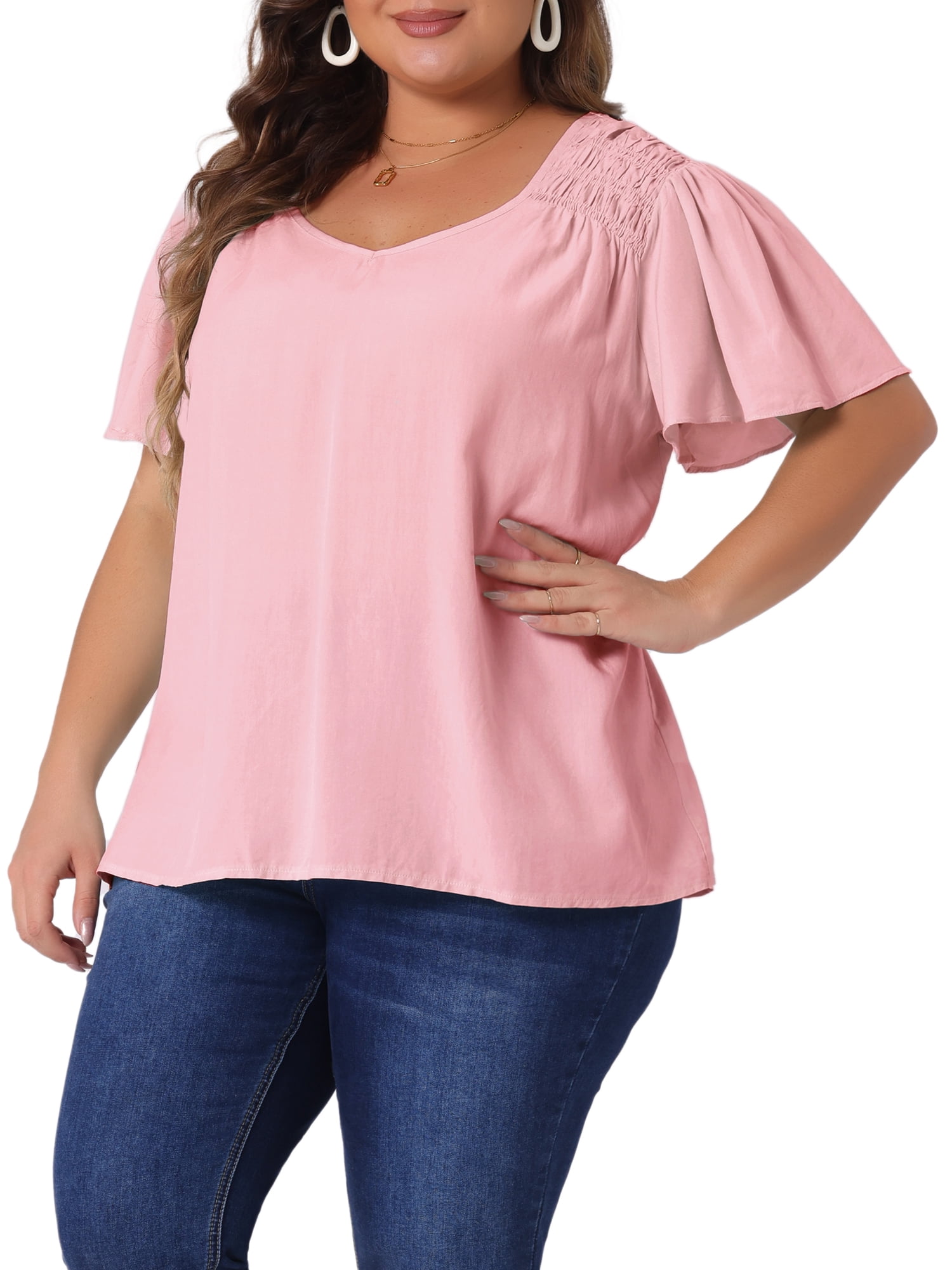 DARING DIVA Women's Plus V Neck Ruffle Sleeve Smocked Shoulder Blouse 4X Pink