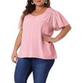 thumbnail image 2 of DARING DIVA Women's Plus V Neck Ruffle Sleeve Smocked Shoulder Blouse 3X Pink, 2 of 6