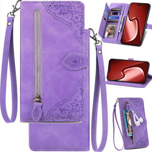 Pour Motorola Moto G22/E32s Étui Portefeuille avec Poche Zippée, Folio en Cuir Mat Floral avec Support, Porte-Cartes Multiple, Cadre Photo, Boucle Magnétique Feuille, Lanière de Poignet