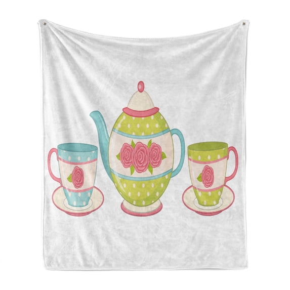 Tea Soft Flannel Fleece Throw Blanket, Classic Porcelain Teapots with Floral Ornamental Cups for Vintage Feminine Afternoon, Cozy Plush for Indoor and Outdoor Use, 60" x 80", Multicolor, by Ambesonne