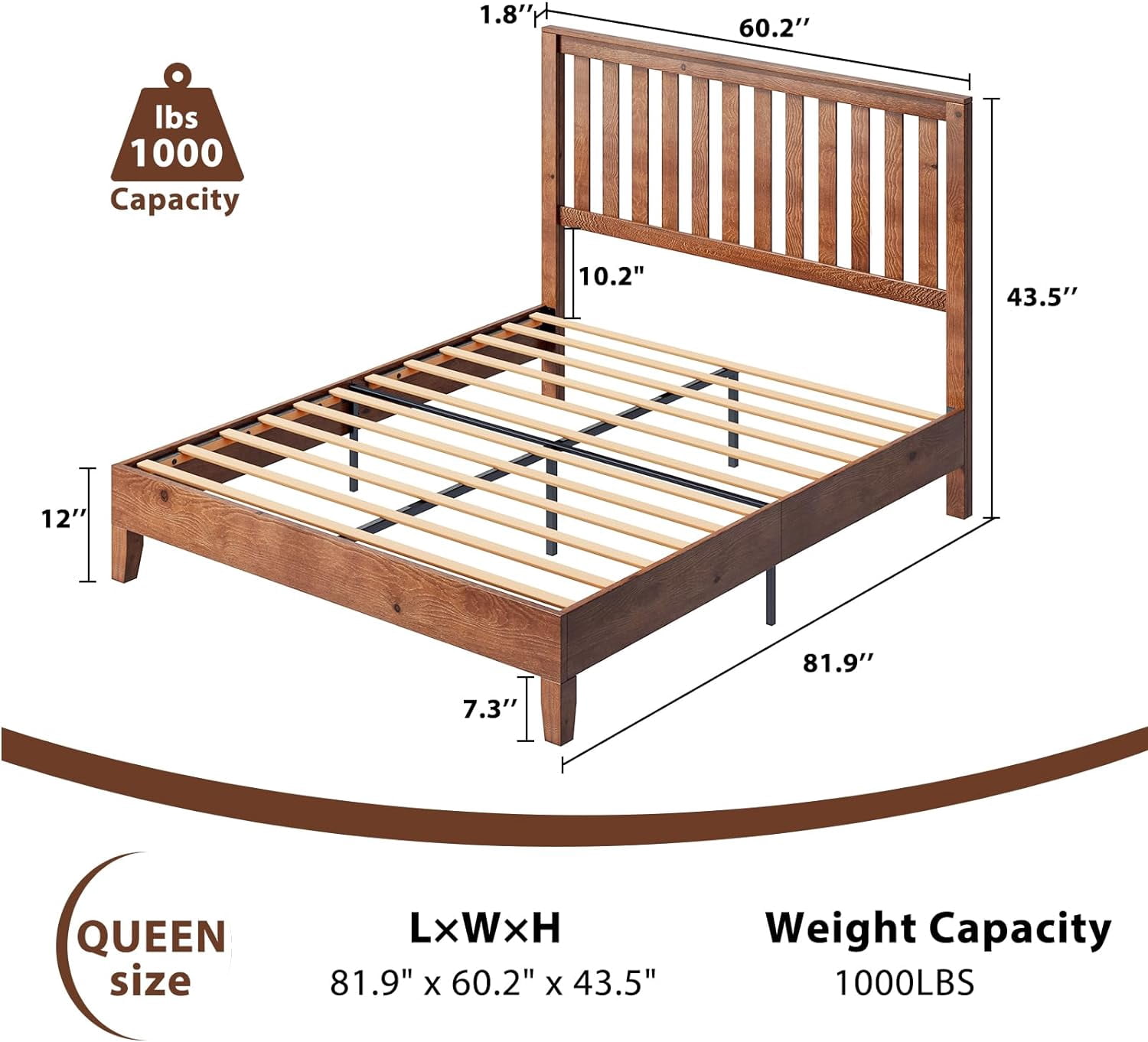 VanAcc Queen Size Bed Frame, Solid Wood Platform with Wooden Headboard for Bedroom, Walnut