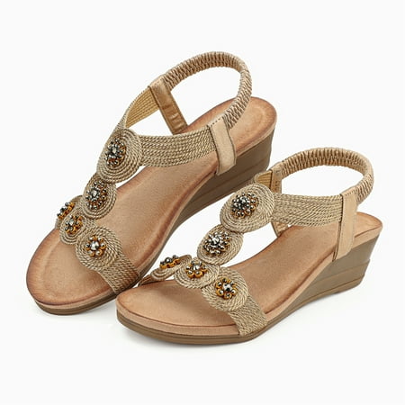 

TEMOFON Sandals for Women Summer Wedge Elastic Ankle Strap Sandals Open Toe Casual Bohemia Beach Shoes Champagne 9