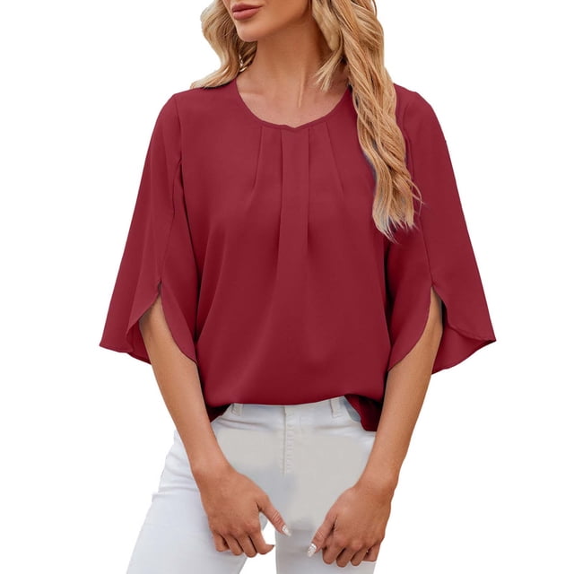 Camisa de manga larga sin cuello y cinco paneles para mujer - Color liso, corte holgado, poliéster, primavera/verano/otoño informal
