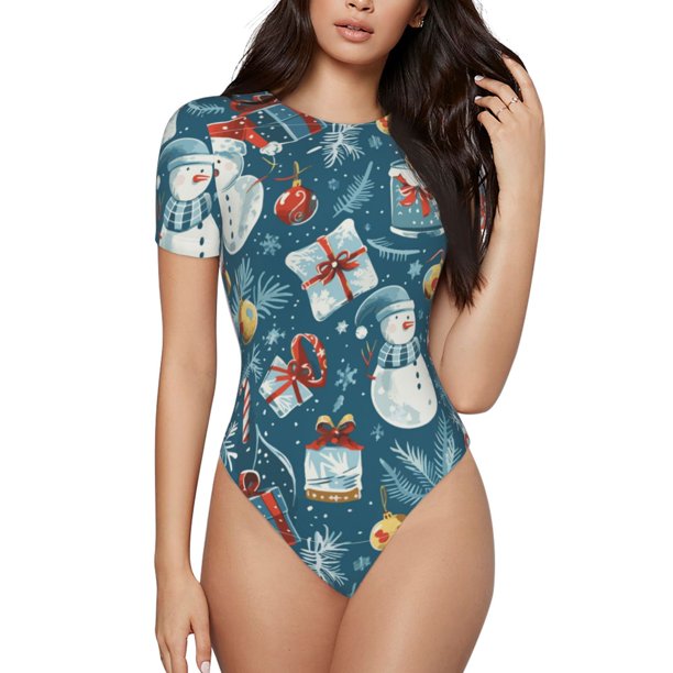 Fotbe Christmas Snowman Gift Body de Mujer con Cuello Redondo y Mangas Cortas, Sin Mangas Ajustado, Suave, Cómodo y Básico-Medium