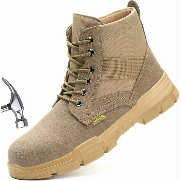 Steel Toe Boots for Men or Women, Slip Resistant Work Boots Steel Toe Shoes Indestructible Tactical Mid Top Safety Shoes for Warehouse Industry Construction - Khaki