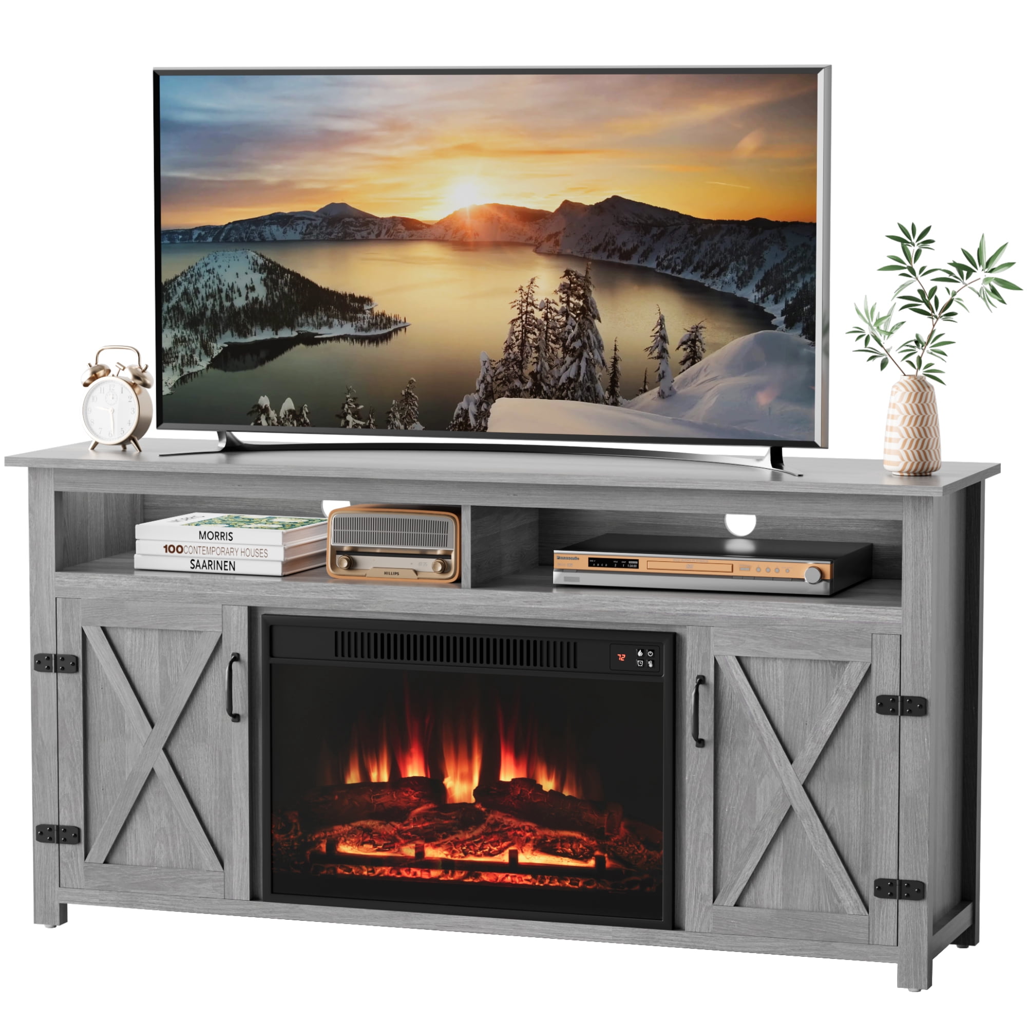 Homall Fireplace TV Stand in Wood Gray - Adjustable Shelves & Large Storage Entertainment Center