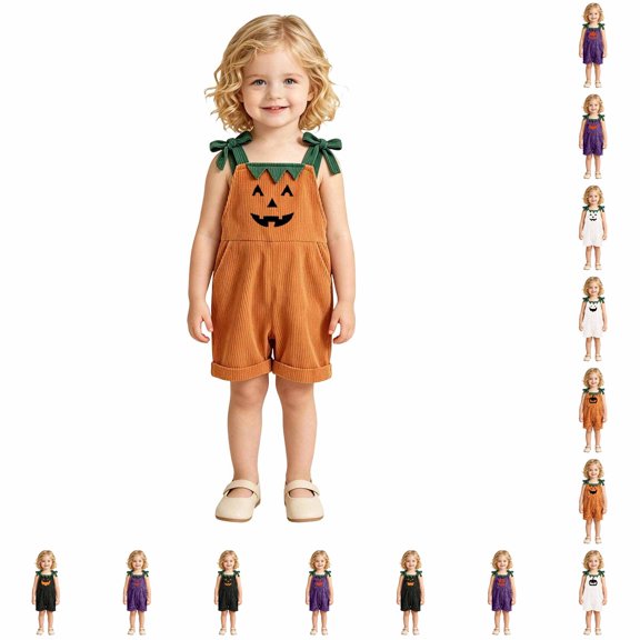 Unisex kids Corduroy Short Overalls, Pumpkin Felt Appliques Sleeveless Dungarees with Pockets, Comfort Baby Outfit for First Halloween Photoshoots and Pumpkin Patch Visits for 1-7 Years